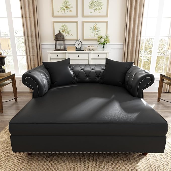 62.99 Chaise Lounge Indoor Comfy Reading Chair with 2 Pillows PU Leather Chesterfield Loveseat Sofa with Tufted Back &amp Rolled Arm Oversized Chaise Lounge Couch Indoor for Living Room Black