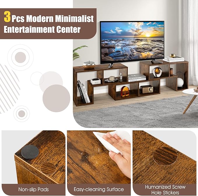 GOFLAME 3 Pieces TV Console Stand Modern Entertainment Center for 50 55 60 65 Inch Flat Screen TV Free Combination Bookcase for Storage &amp Display Suitable for Living Room Bedroom (Brown)