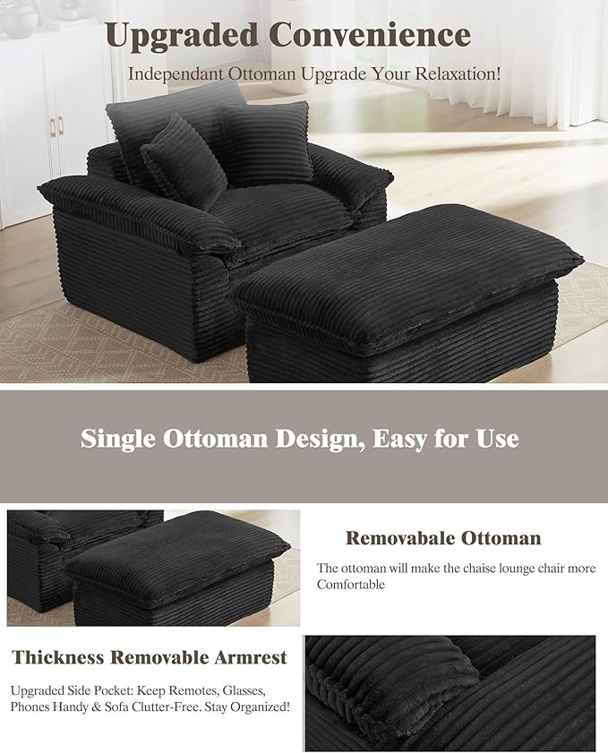 Oversized Chaise Lounge Chair Indoor Upholstered Corduroy Couch with 3 PillowsComfy Fluffy Cloud CouchSingle Sleeper Sofa Chair for Livingroom (Black+Ottoman 52W X 70.87D)