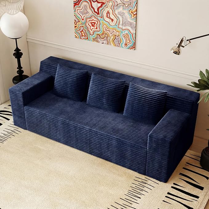 Boneless Couches for Living Room 71 Modern 3 Seater Sofa with Deep Seat Comfy Cloud Sofa with Corduroy Fabric No Assembly Couch Couches for Bedroom Dorm Apartment (Blue)