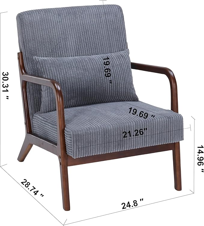 Mid Century Modern Accent Chair Upholstered Corduroy Armchair with Lumbar Pillow Solid Rubberwood Frame for Living Room Bedroom Waiting RoomDark Grey