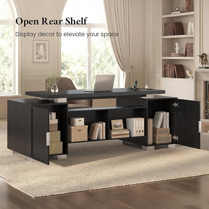 80.6 Executive Desk with Power Outlet and File Drawer Modern Home Office Desk with 3 Large Cabinets and Privacy Panel Business Furniture for Home Office Living Room Black