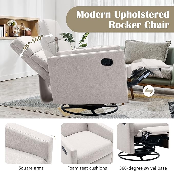 Swivel Rocker Recliner Chair 360 Degree Swivel Nursery Rocking Chair Manual Glider Rocking Recliners Chairs for Living Room Bedroom (Tan)