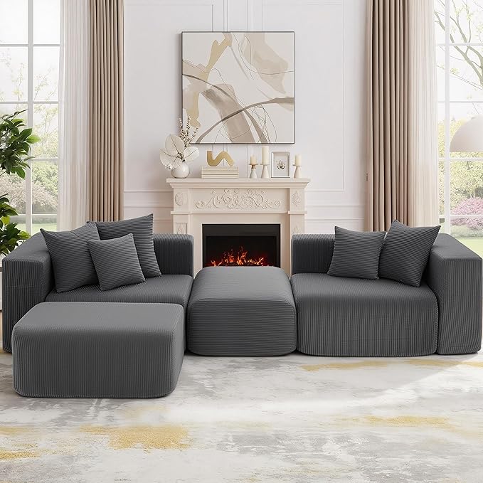 117” Boneless Cloud CouchSectional Modern 4 Seater L-Shaped Sleeper Sofa CouchesNo Assembly Modular Corduroy Convertible Sponge Compression Sofas with Chaise and Ottoman for Living Room(Grey)