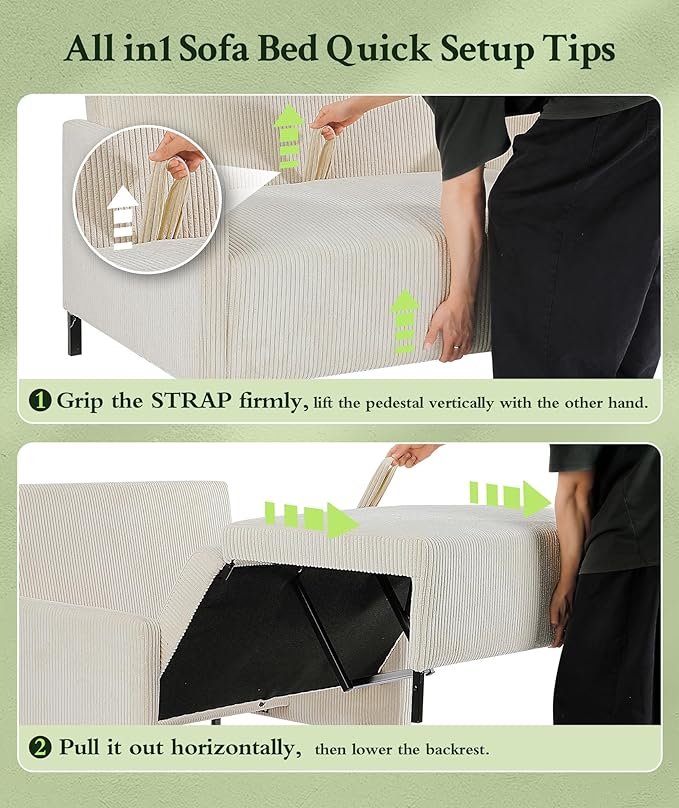 47.2 Convertible Sofa Bed Couch Comfy Corduroy Couch Bed All in 1 Loveseat Sleeper Sofa Love Seat Sleeper Bed 2 Pillows Modern Couches for Living Room/Apartment/Home/Office Cream White
