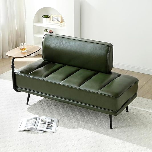 Modern Upholstered End of Bed Bench with 360-Degree Swivel Tray 2 Seater Sofa Couch with Side Table Settee Bench with Metal Legs Backrest for Living RoomEntrywayFoyer (PU-With Tray Green)