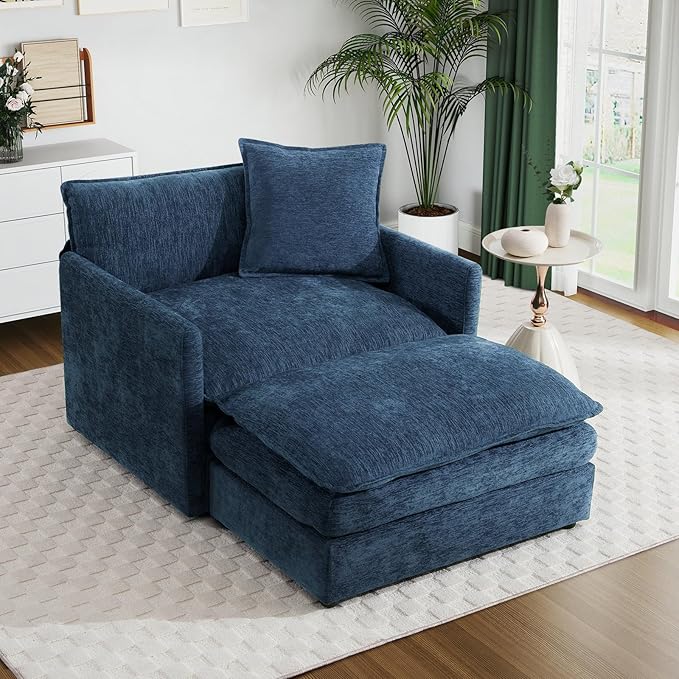 Oversized Accent Chair with Ottoman Modern Cloud Chaise Lounge Chair Indoor with Deep Seat Upholstered Comfy Armchair Reading Chairs Sofa for Bedroom Living Room Apartment Blue Chenille