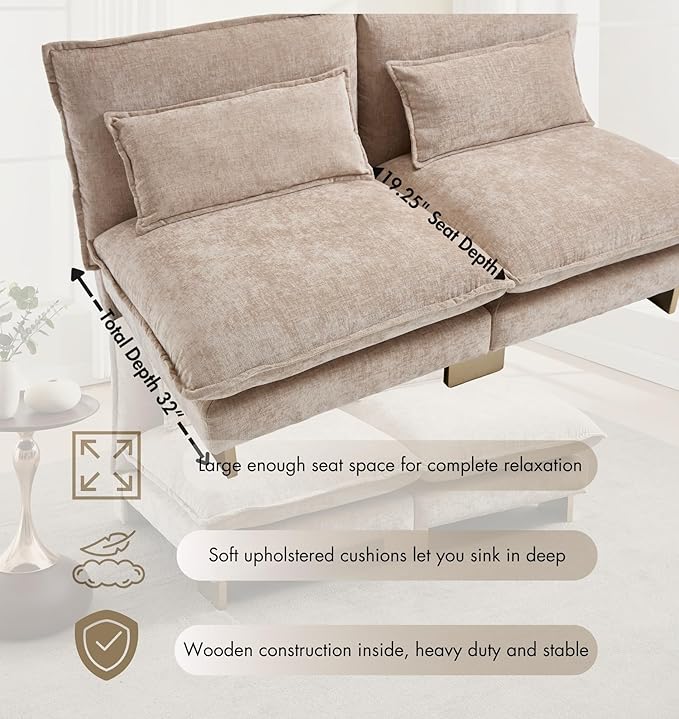 Small Modular Sofa Armless Loveseat Modern 2-Seats Mini Sofa Couch with Pillows Convertible Love Seat with Gold Legs for Small Spaces Living Room Oatmeal Chenille