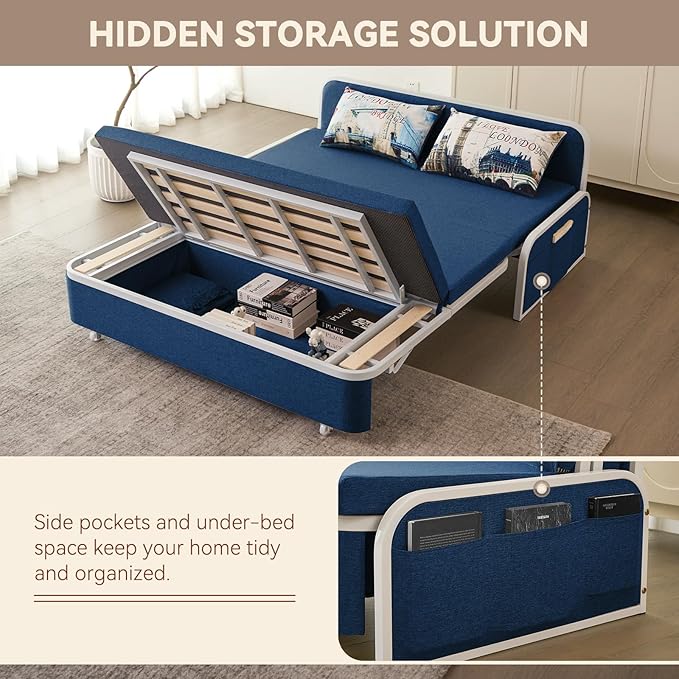 60 Full Size Loveseat Couch Bed 3 in 1 Convertible Pull Out Sleeper Sofa Bed with Storage Trundle and 2 Pillows for Living Room Bedroom Dorm Office RV (Midnight Navy-909)