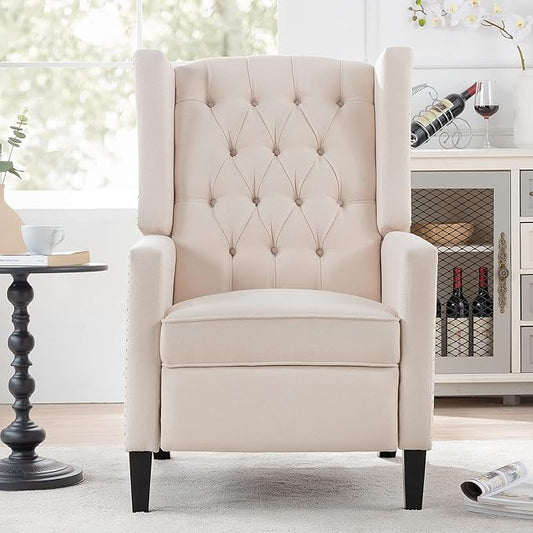 Push Back Recliner ChairEasy Chairs for Small SpacesComfy ArmchairReading Recliner Chairs for AdultsLiving Room Accent Chair Wingback and Rivets Design for Modern Recliner Chair(White)