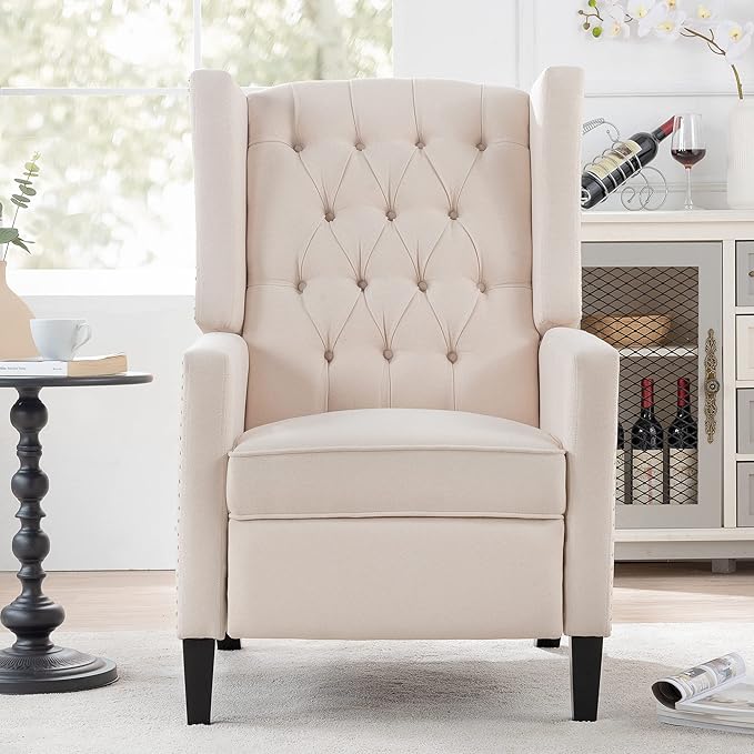 Pushback ReclinerComfortable Wingback Recliner Sofa Chair with Adjustable Backrest Tufted Fabric Upholstered Armchair Retro Rivets Decorated for Living Room Bedroom Office Home Theater (White)