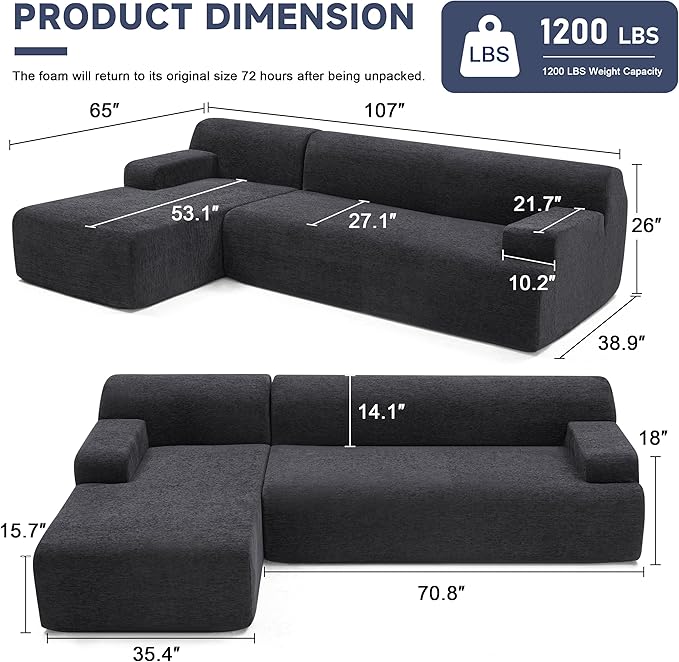 107 Modular Sectional Sofa Sponge Sectional Sofa Couch for Living Room High Density Sponges Cloud CouchModular L-Shape Sofa with Chaise (Black)