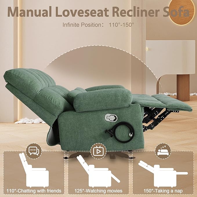 Rocker Recliner-Loveseat Recliner SofaCat-Proof Reclining Loveseat with Phone Holder RV Douber Recliner Sofa for Home TheaterLiving Room (Green-2 Seater) | Rocker Phone Holder