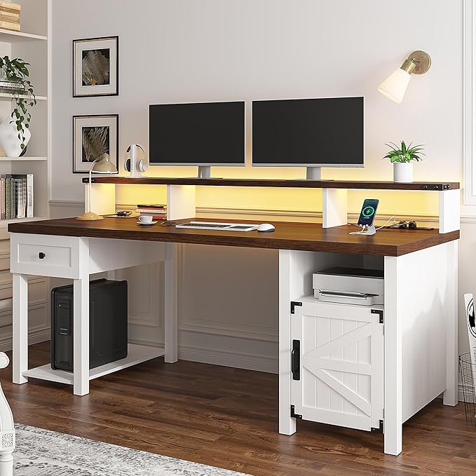 EnHomee Computer Desk with Drawers23 D Home Office Desk with StorageWooden Desk with Monitor StandFarmhouse Desk with Printer Space and Power Outlets for StudioWork StudyWriting&ampGamingWhit