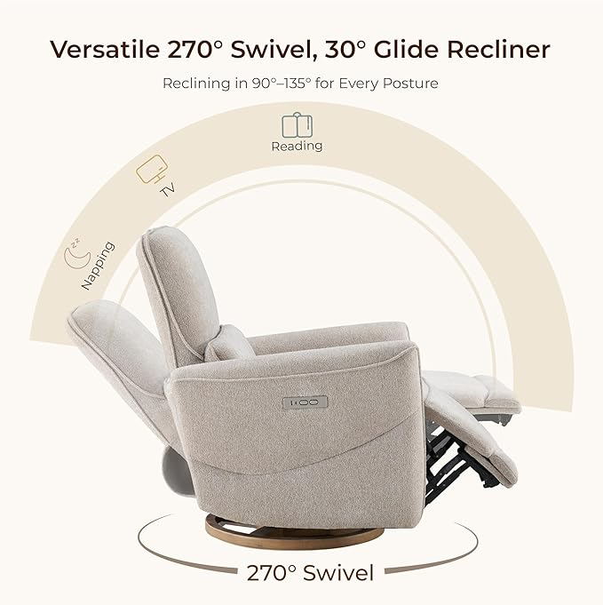 CHITA Power Nursery Rocking Chair Swivel Glider Recliner Chair with Solid Wood Base Bulit-in USB &amp Type-C Charging Ports for Living Room FSC Certified Taupe