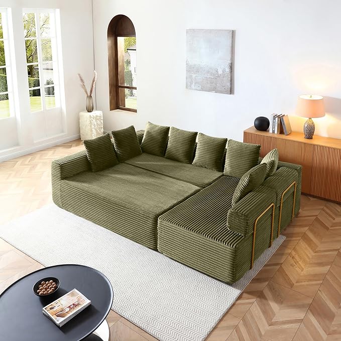 145 inch Modern Sectional Couch for Living Room Oversized Cloud Boneless Couch with Freely Movable Armrest and Fixed-Shape Frame Green Modular Sofa U Shape Couches | No Assembly Required Free Combi