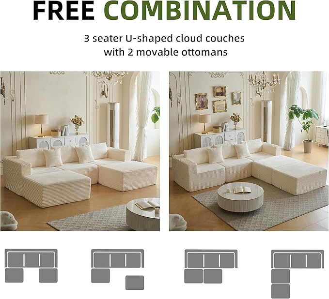 110 Modular Sectional Couch with 2 Movable Ottoman Cloud Sofa Couches for Living Room U Shaped Deep Seat Boneless SofaLuxury Corduroy Fabric No Assembly Required White