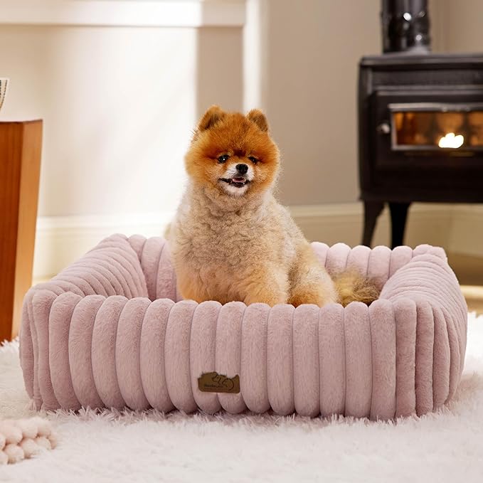 Bedsure ComfyFleece™ Cute Dog Bed for Small Medium Dogs - Washable Furry Puppy Beds Rectangle Orthopedic Corduroy Fleece Pet Beds with Removable Zipper Cover 25x21x7inches Blush Pink