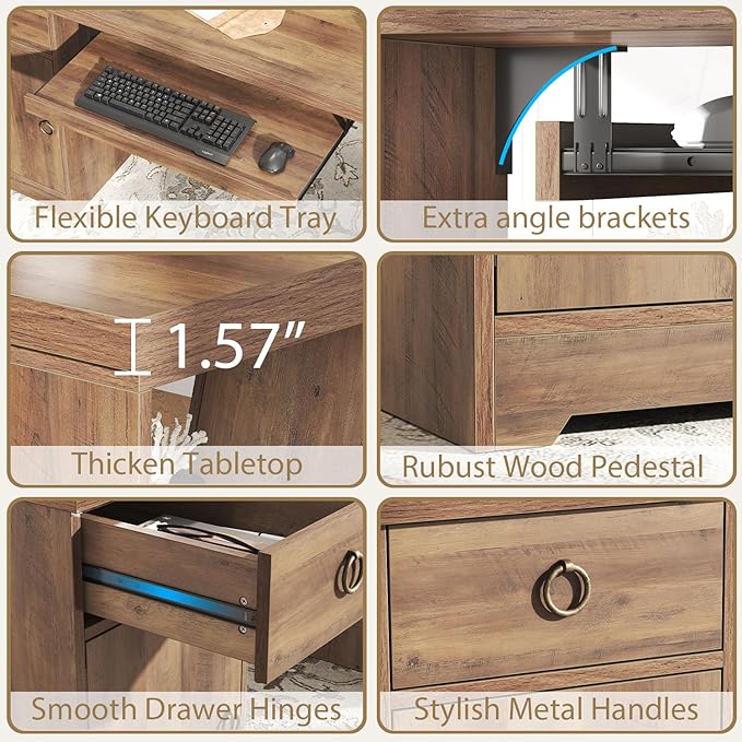 HSH 55 Inch Executive Office Desk with Drawers Farmhouse Computer Desk with Keyboard Tray and Storage Rustic Wood Work Study Writing Pc Table Studio Desks Home Workstation with Shelves and Cabinet
