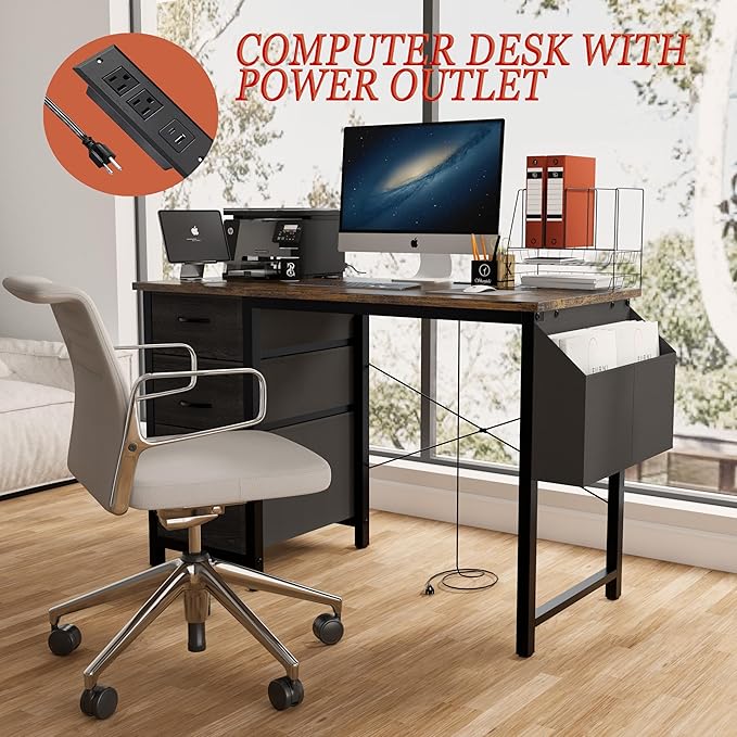 47.3 Office Desk with Power Outlet3drawers and Side Pocket Easy to Assemblee Stability Reversible for Home Office StudyRustic Brown