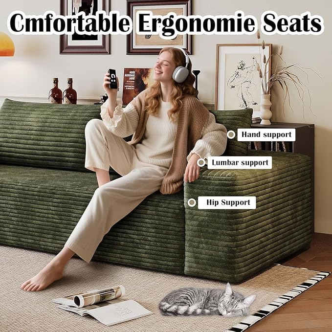 71 Cloud Boneless Loveseat Sofa Couch Bean Bag 3-Seater Couch with Memory Foam Corduroy Comfy Floor Sofa Deep Seat for Living Room Bedroom Apartment No Assembly (Green)