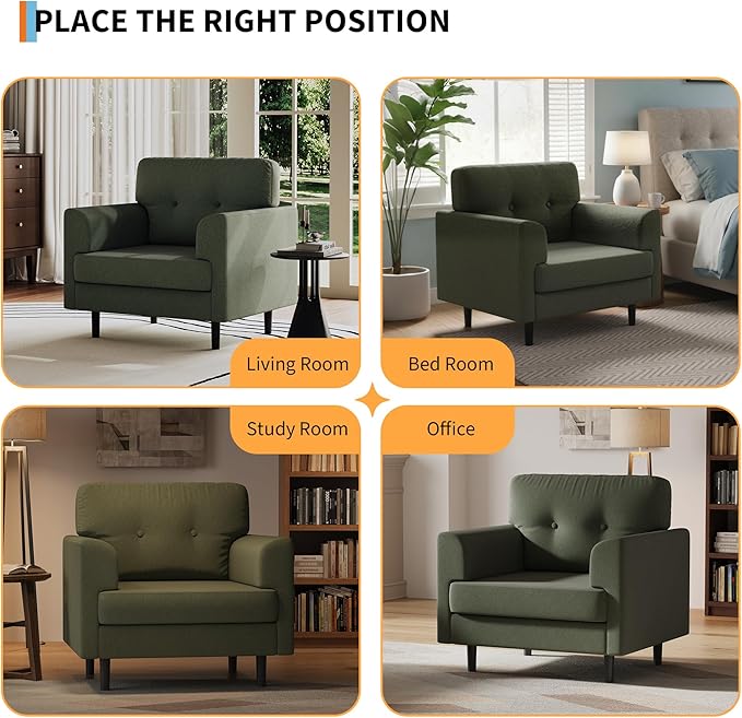 38 Wide Sage Green Accent Chair Modern Linen Upholstered Armchair with High-Density Foam Comfy Reading &amp Lounge Chair for Living Room Bedroom Home Office &amp Reading Nook (Earthy Green Tone