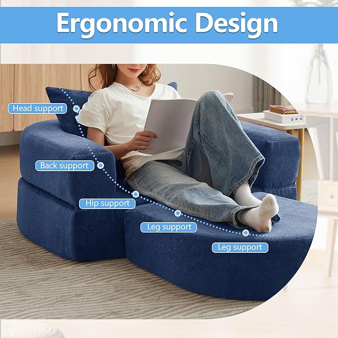 41 Futon Sofa Bed Velvet Futon Couch Convertible Sleeper Floor Sofa Bed Upholstered Couch Reading Chair for Living Room (Blue 41)