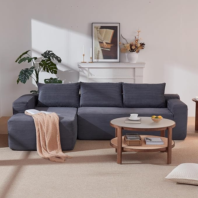 Sectional Couch with L-Shape Chaise 96 Modular Sectional Sofa with Deep Seat Modern Corduroy Couch Lazy Compression Sofa for Living Room No Assembly Required Left Facing Chaise Blue&ampGrey