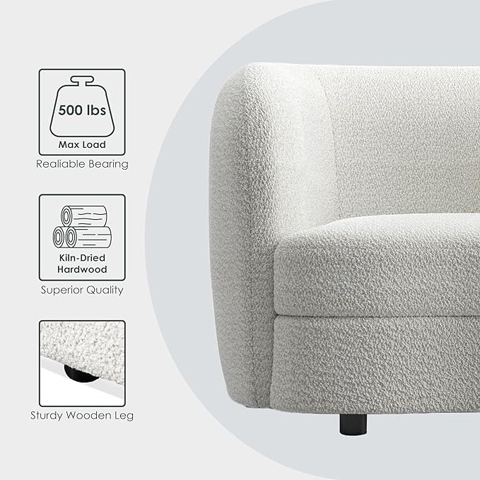 Furniture of America Nimiane Modern Boucle Sofa with Curved Arms and Wooden Legs Comfy Fabric Upholstered 3 Seater Couch for Living Room Bedroom Home Office Off-White