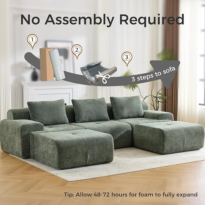 120.5 Modular Sectional Sofa Chenille Upholstered Boneless Couch Modern Deep Seat Cloud Sectional Couches for Living Room Oversized U-Shaped Couch with 2 Ottoman No Assembly Green