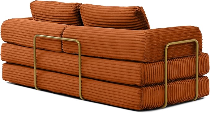80 Convertible Sofa Bed Modern Corduroy Sleeper Sofa Folding Floor Couch with Golden Fixed-Shape Frame Orange Boneless Loveseat Sofas Bed for Living Room Bedroom No Assembly Needed