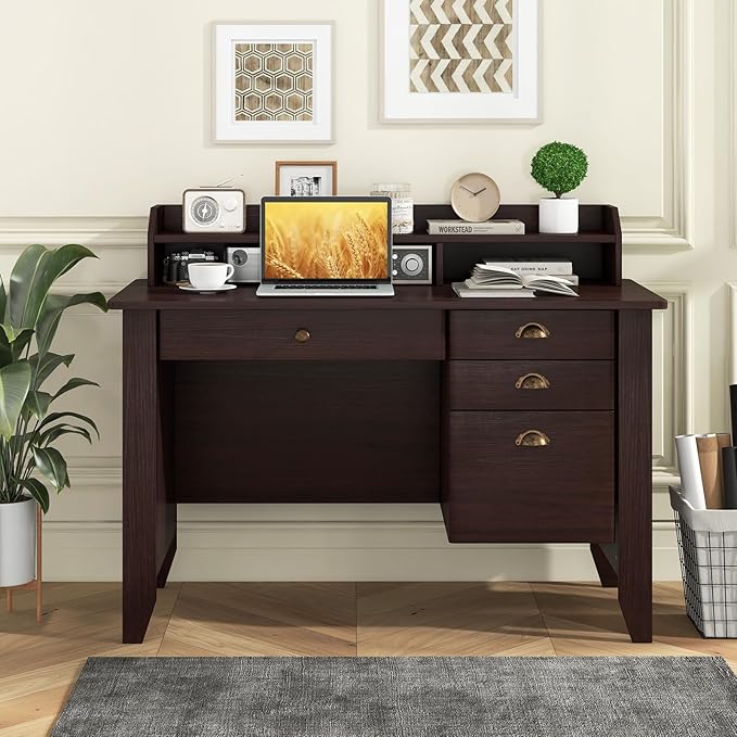 Tangkula Computer Desk with 4 Storage Drawers &amp Hutch Home Office Desk Vintage Desk with Storage Shelves Wooden Executive Desk Writing Study Desk (Brown)