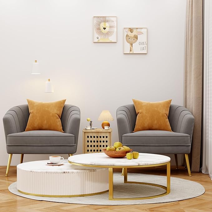 Velvet Accent Chair for Living Room Bedroom Office - Upholstered Single Sofa Arm Chair With Metal Legs Comfy for Reading Leisure Club Coffee - Grey