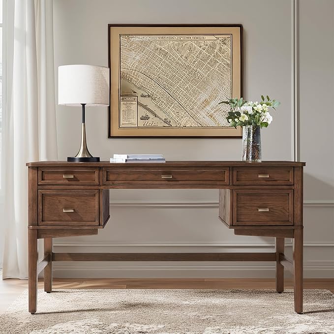 HULALA HOME 56 Home Office Desk with 5 Drawers and Hidden Compartment Drawer Mid-Century Modern Computer Desk with Solid Wood Legs Executive Desk for Work Study Writing Walunt