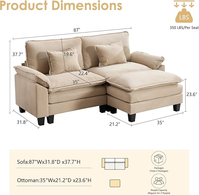 87 Corduroy Modular Sectional Sofa Convertible L Shaped Modular Sofa Comfy Cloud Couch with Ottoman Side Pockets and 2 Throw Pillows for Living Room Kahki 3 Seats