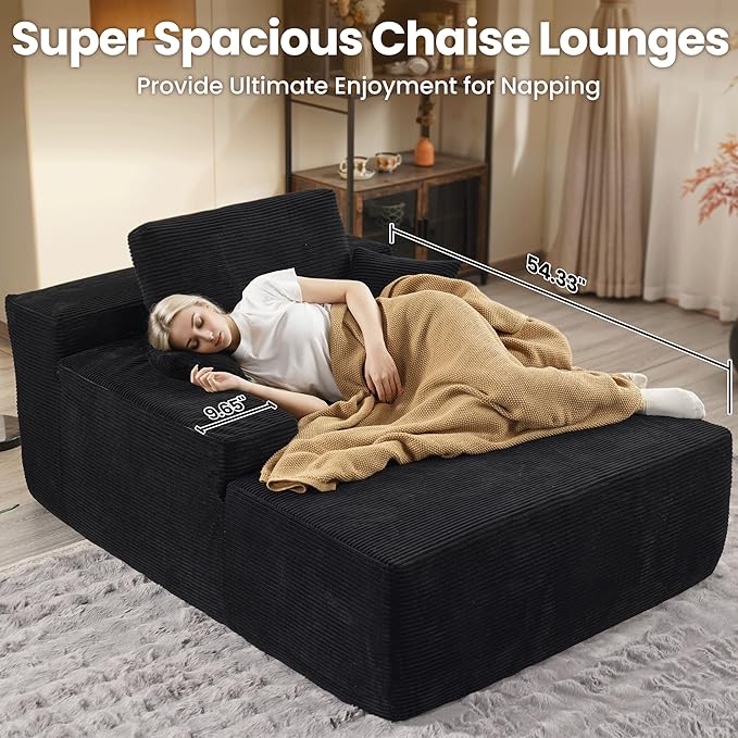 ovios 67'' Chaise Lounge Chair Indoor Oversized Upholstered Sofa Bed Sleeper Couch Reading Chairs Fluffy Plush Corduroy Cloud Sofas Couches for Living Room Black