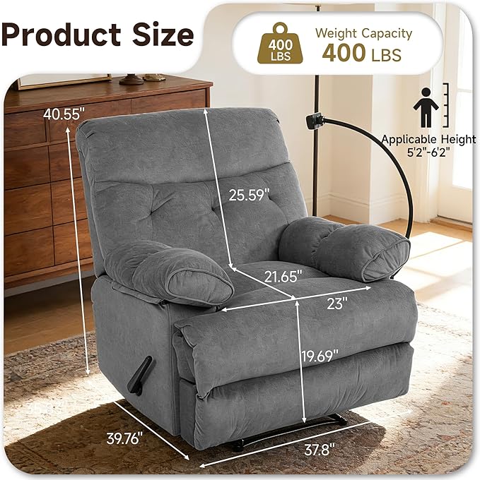 Oversized Recliner Chairs for Adults Manual Large Recliners Big Mans Recliner Chair Extra Wide Single Reclining Sofa Chair for Living Room RV Grey