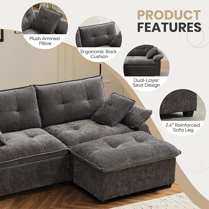 89'' L Shaped Modern Sofa Modular Sectional Cloud Couch with Ottoman Comfy Chenille Deep Seat Sofa with Throw Pillows/USB 2 Seater Couch for Living Room for Living Room Office and Apartment