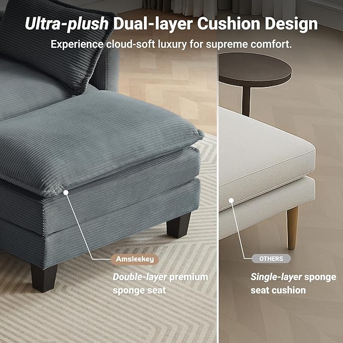 Modular Sectional Sofa 76.5 L-Shaped Corduroy Comfy Sectional Couches for Living Room 2-Seater Cloud Couches with 1 Movable Ottoman Flexible Combination Modern Deep Seat Sofa (Grey)