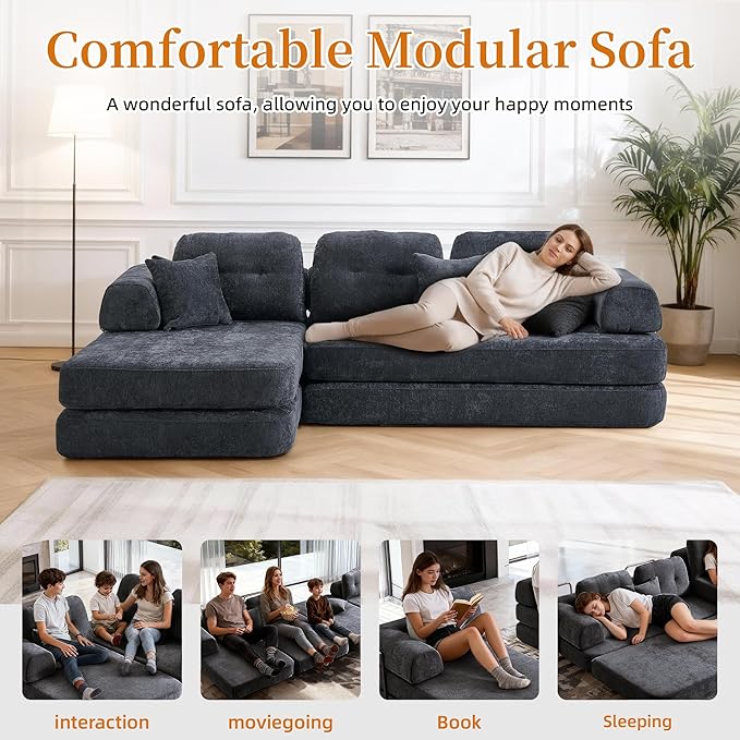 104 Modular Sectional Sofa Boneless Couch for Living RoomL-Shape Modular Sofa Bed with Fixed-Shape FrameFolding Floor Convertible Sofa Couch Bed with Reversible Chaise