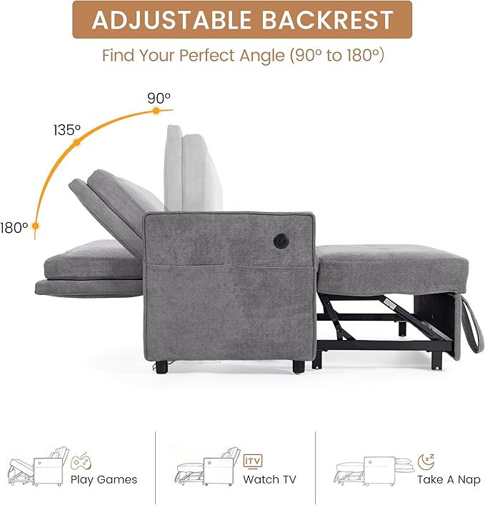 52 Convertible Sofa Bed 3-in-1 Sleeper Sofa with Pull-Out Bed Chenille Couch Folding Loveseat USB Ports &amp Adjustable Backrest Modern Loveseat for Living Room Apartment Grey