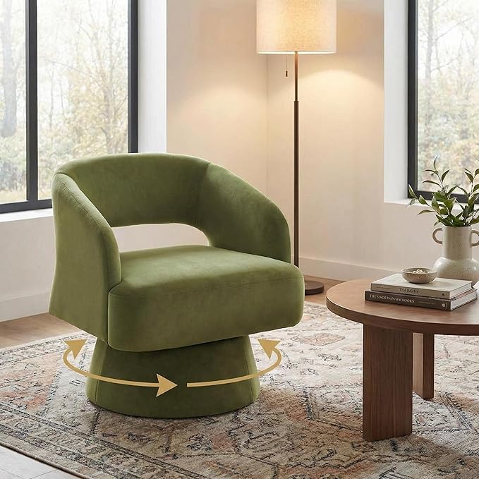 Comfy Swivel Barrel Chair for Living Room - Modern Upholstered Accent Chair with Teddy Fleece Hollowed Back &amp 360° Swivel Base Small Round Chair for Bedroom Reading Nook Office Green