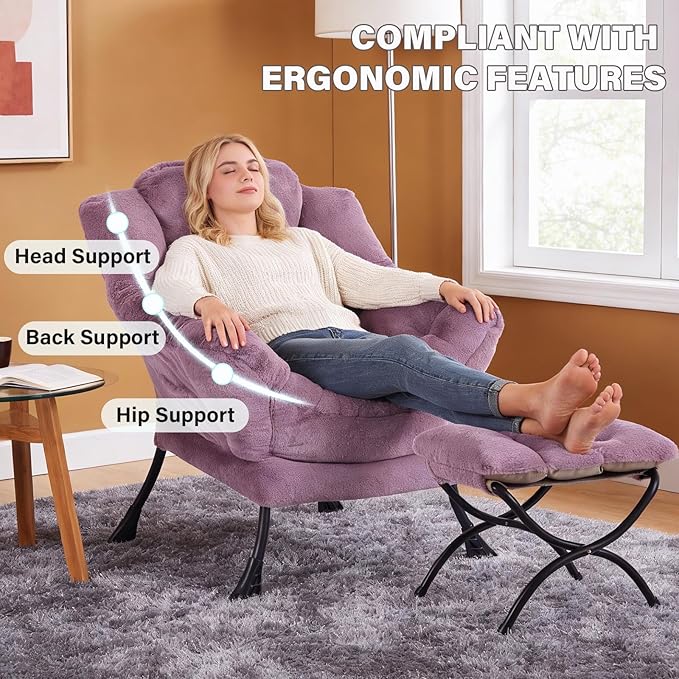 Lazy Chair with Ottoman Modern Accent Lounge Armchair with Side Pocket &amp Foldable Footstool Leisure Reading Chair for Living Room Bedroom Dorm &amp Office Plush Purple