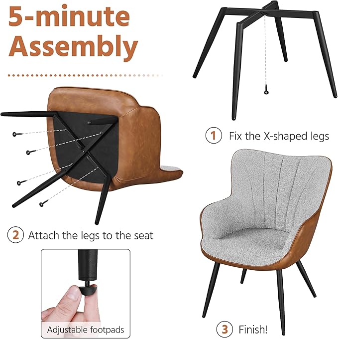 Topeakmart Modern Accent Chair Faux Leather Armchair with Boucle Fabric High Back and Mental Legs for Living Room Bedroom Gray/Retro Brown