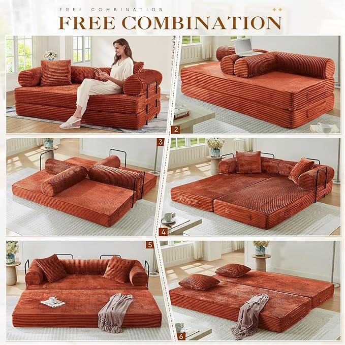 78.5W Convertible Folding Sofa Bed Corduroy Upholstered Queen Size Foam Floor Couch with Fixed-Shaped Frame Loveseat Sleeper Compression Sofa Foldable Mattress for Living Room Bedroom(Orange)