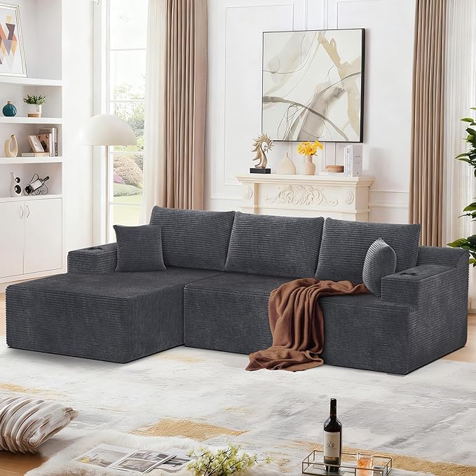 105 Modular Sectional Couch L-Shaped Sofa with Plush Corduroy Fabric Boneless Couches for Living Room Cloud Sofa Deep Seat Corner Couch with 3 Back Pillows &amp 2 Accent Pillows Grey