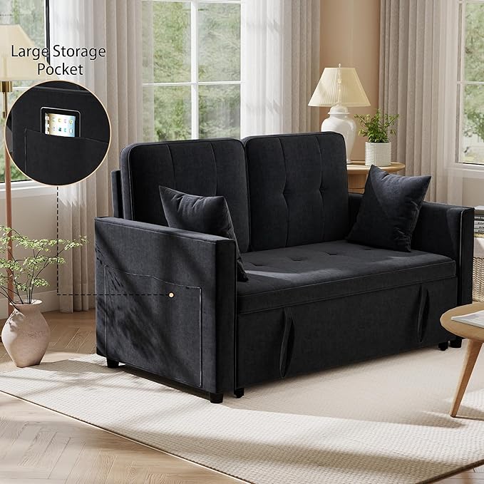 Pull Out Sofa Bed: 56 Black 3 in 1 Convertible Sleeper Sofa Bed Velvet Loveseat Sleeper Couch with Storage Comfy Futon Couch Beds for Living Room | Velvet