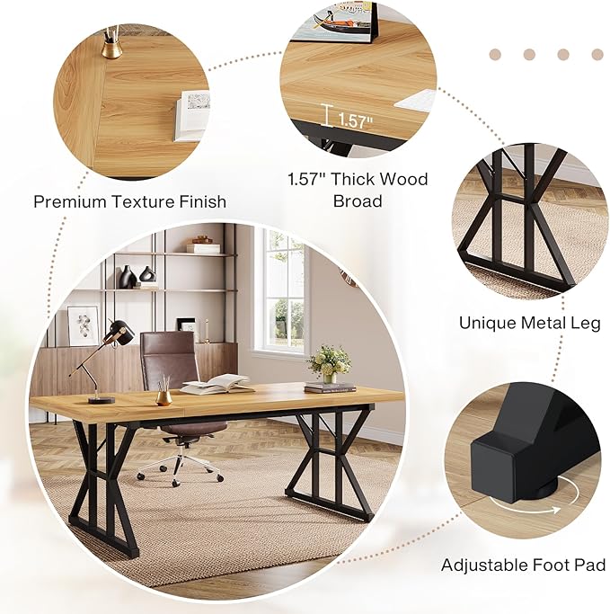 Tribesigns 70.86-Inch Large Executive Desk Industrial Home Office Computer Desk Simple Long Writing Study Table Business Furniture (Light Walnut/Black)