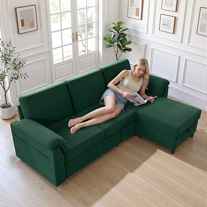 Walsunny 79 Convertible Sectional Sofa Reversible Modern L Shaped 3 Seat Modular Sofa Couch with Pillows and Storage Ottoman for Living Room（Green）