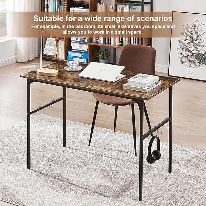 VECELO Computer Desk Water Proof Writing Desk with 4 Hooks Work Desk with Adjustable Feet Computer Desk for Small Space/Home Office/Dormitory 43 InchRusic Brown